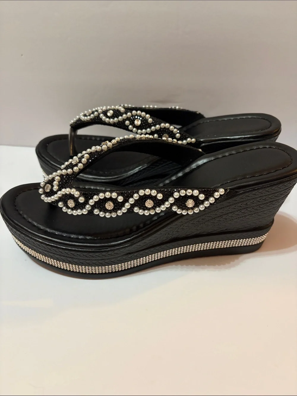 Brand New Black Pearl-Embellished Wedge Thong Sandals